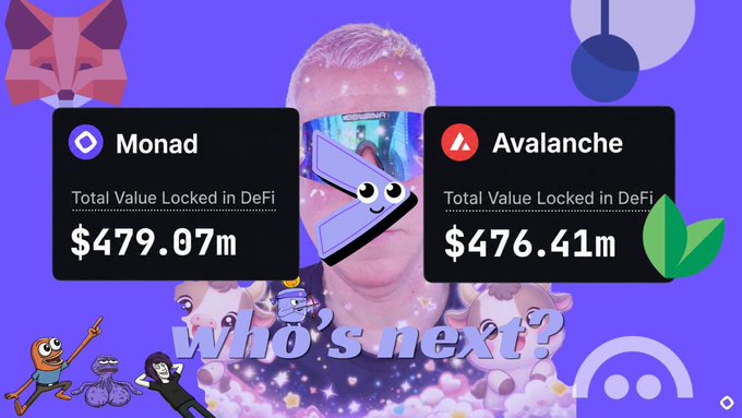 The image shows a stylized graphic comparing two DeFi protocols, displaying "Monad" with a Total Value Locked of $479.07m and "Avalanche" at $476.41m, with the text "Who's next?" at the bottom. The graphic supports the post by visually demonstrating how Monad has just surpassed Avalanche in TVL rankings, joining Sui as another chain climbing the DeFi leaderboard.