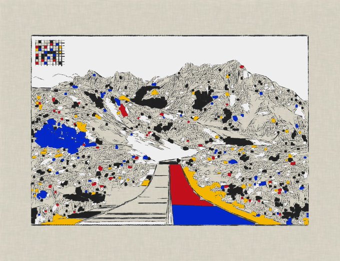 An artistic illustration of a mountainous landscape with a color test chart in the upper left, featuring stylized peaks with patches of blue, yellow, red, and black throughout the composition.