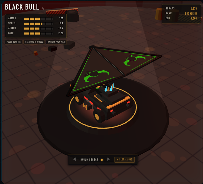 A screenshot of a robot combat game showing a triangular-shaped robot called "BLACK BULL" with green flame decals, displaying stats for Armor (120), Speed (8.4), Attack (16.7), and Grip (2.20), along with equipment like "PULSE BLASTER" and "BATTERY PACK MK I."