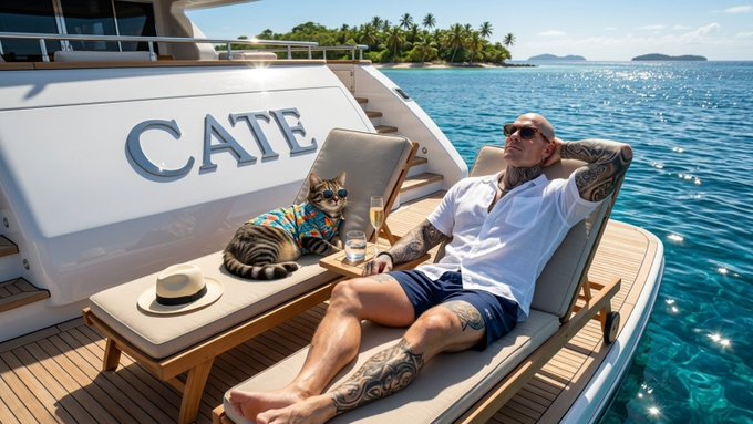 A tattooed man relaxes on a lounge chair next to a cat on a yacht named 'CATE' in tropical waters.