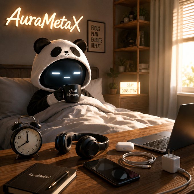 An AI-generated image branded 'AuraMetaX' featuring a cute robot in a panda hoodie drinking coffee in bed, with a laptop, headphones, and clock on the bedside table.