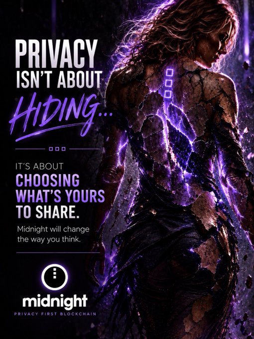 A dramatic ad for Midnight, a "privacy first blockchain," featuring a figure with glowing purple lightning emanating from their cracked, stone-like skin. Bold text reads: "PRIVACY ISN'T ABOUT HIDING… IT'S ABOUT CHOOSING WHAT'S YOURS TO SHARE. Midnight will change the way you think," reinforcing the post's call to join the Midnight network revolution.