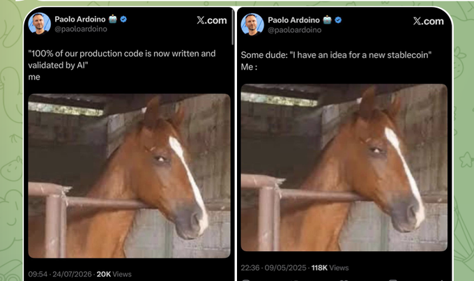 The image shows two tweets from Paolo Ardoino (@paoloardoino), CEO of Tether, sharing memes of a horse with captions about AI writing 100% of Tether's production code and someone proposing "a new stablecoin." The posts relate to the accompanying message about $STABLE, as the horse memes humorously reference stablecoins—tying into the promotion of the Stable chain token.