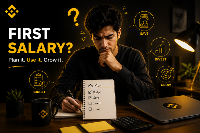 A promotional graphic features a man writing 'My Plan' with checkboxes for Budget, Save, Invest, and Grow, with text 'FIRST SALARY? Plan it. Use it. Grow it.' and icons representing SAVE, INVEST, GROW, and BUDGET.