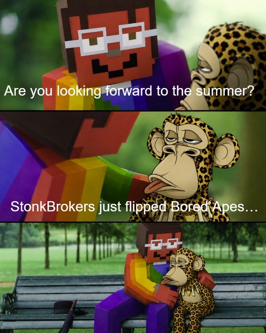 A three-panel meme combining Minecraft and Bored Ape imagery, with text 'Are you looking forward to the summer?' and 'StonkBrokers just flipped BoredApes...', showing a Minecraft character with a Bored Ape in a park scene.
