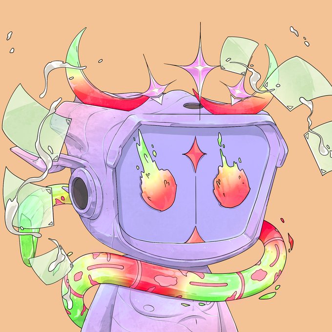 A purple robotic character with flame-like eyes, curved red-and-green horns, and a snake-like tail with an Easter egg pattern is surrounded by floating shards and sparkles. The artwork reflects the colorful, animated style of Original Blokyz #9248, the NFT highlighted in the post.