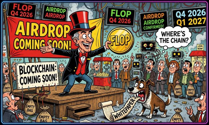 A cartoon caricature of Arthur Hayes in a top hat stands on stage holding a giant "$FLOP" coin, surrounded by banners reading "AIRDROP COMING SOON!" and "FLOP Q4 2026," while a skeptical dog barks at a "WHITEPAPER" scroll and confused investors hold empty wallets wondering "WHERE'S THE CHAIN?"—visually satirizing the project as another flashy AI/blockchain token promising an "AIRDROP Q4 2026/Q1 2027" with no substance, matching the post's ironic tone toward Flop Labs' vague promises.