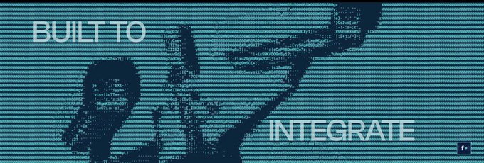 Digital graphic with the text 'BUILT TO INTEGRATE' displayed in white over a teal background featuring code-like imagery and dark silhouettes.