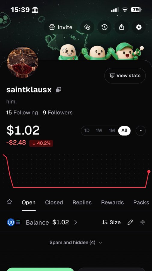 A mobile screenshot of a trading app profile for "saintklausx" showing a balance of $1.02 with a 40.2% decline, likely depicting the recipient's small remaining balance after receiving part of the $550 sent out.