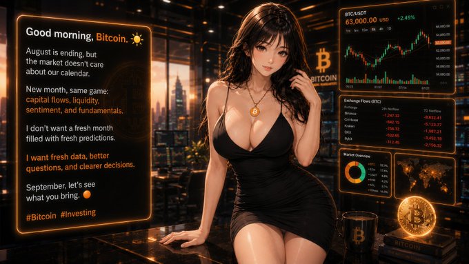 An anime-style woman in a black dress standing by a window with Bitcoin trading charts showing BTC/USDT at 63,000.00 USD (+2.45%) and text reading 'Good morning, Bitcoin. August is ending...' #Bitcoin #Investing.