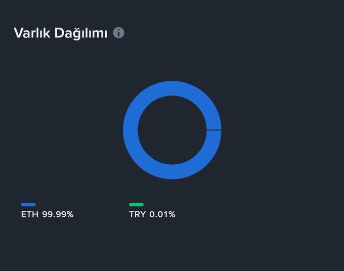 A dark-themed asset distribution donut chart titled 'Varlık Dağılımı' showing 99.99% ETH in blue and 0.01% TRY in green.