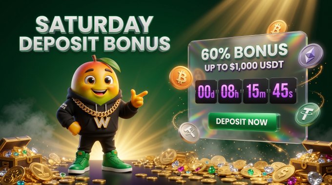 A promotional banner advertising a 'SATURDAY DEPOSIT BONUS' with '60% BONUS UP TO $1,000 USDT', featuring a mango mascot in a hoodie, a countdown timer at 00d 08h 15m 45s, and a 'DEPOSIT NOW' button surrounded by cryptocurrency coins.