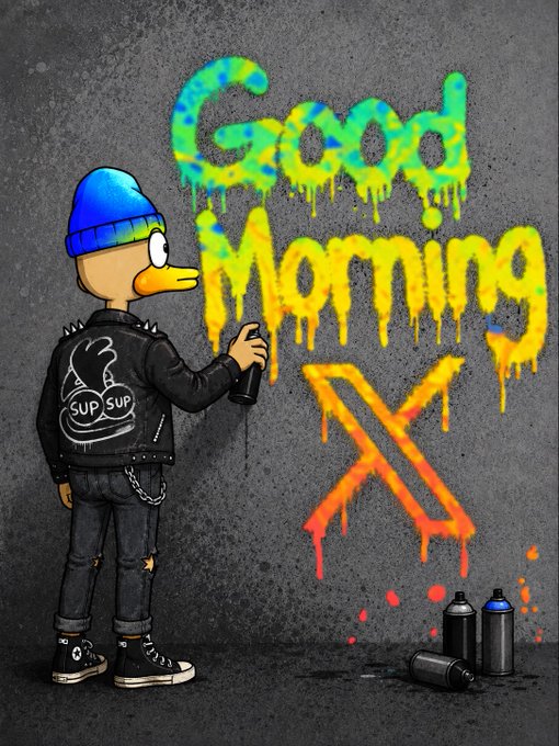 Graffiti art on a concrete wall reading 'Good Morning X' in dripping yellow, green, and orange paint, with a cartoon duck character in a beanie and 'SUP SUP' jacket spraying the letters.