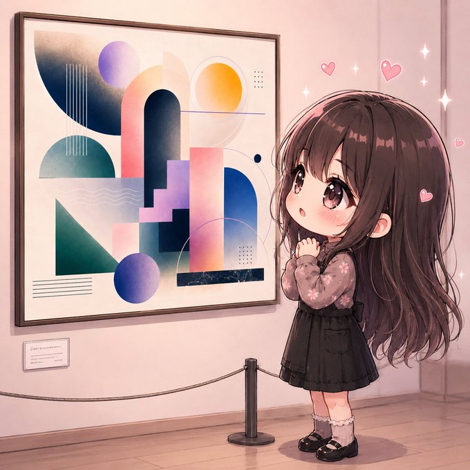 The image features a young girl standing next to an abstract painting, which appears to be a digital artwork or a piece of modern art. The girl has her hands clasped together as she looks at the painting with interest. The painting itself is colorful and visually striking, featuring geometric shapes in various shades of pink, blue, yellow, and green. The background of the image is white, providing a stark contrast to the vibrant colors of the artwork. There are also hearts visible in the scene, adding an element of love or affection to the overall composition.