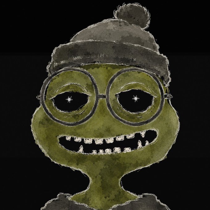 The image features an anthropomorphic green frog with big eyes and glasses that appears to be smiling at the camera. The frog has a hat on its head, giving it a quirky appearance. The background of the image is black, which contrasts with the vibrant colors of the frog's face and attire. The caption below the image reads: "Quick raffle before I go back off cos I still got 5 GTD spots Requirement: - Follow @the_demoonz @N3RDROOF - Like, RT + tag a friend - Drop wallet I’ll pick winners in 6hrs".