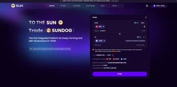 The image shows the SUN.io platform homepage with the tagline "TO THE SUN ☀" and "Trade SUNDOG," promoting a swap interface for exchanging tokens like TRX and SUNDOG. However, the accompanying post about TRON's DeFi liquid staking ecosystem doesn't directly relate to the swap interface shown, as the screenshot features token trading rather than staking or liquid staking functionality.