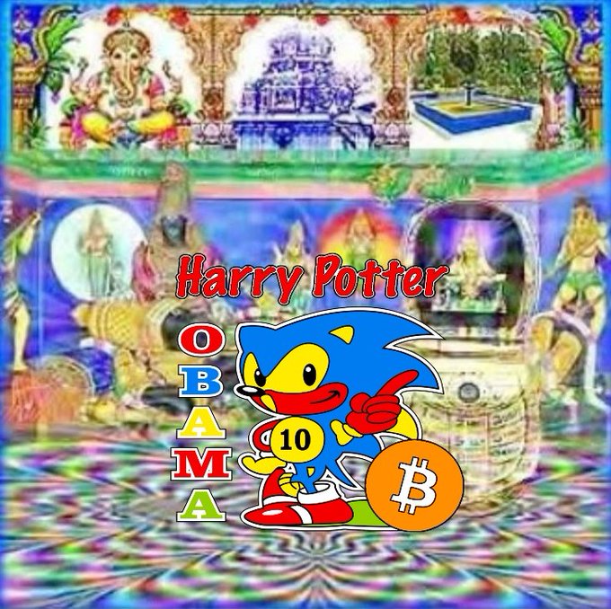 A chaotic meme image featuring 'Harry Potter OBAMA' text overlaid on Hindu deities and a temple, with a Sonic the Hedgehog character holding the number 10 and a Bitcoin logo.