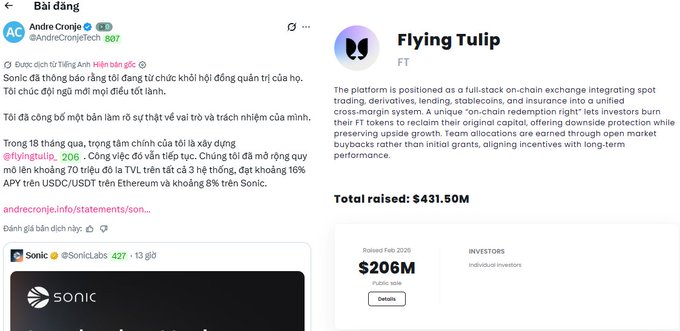 The image features two separate posts about a man named The Godfather of DeFi. One post is located at the bottom left corner, while the other one appears on the right side of the screen. Both posts are written in Vietnamese and provide information about the person's new name and his role within the deFi world. However, they also contain some text that is difficult to read due to its length or poor font quality. The posts seem to be discussing the history and evolution of DeFi as well as his upcoming endeavors with Tulip Flower, which appears to be an important cryptocurrency project in the industry.