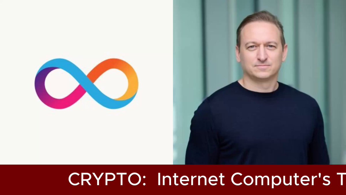 The image features a man standing next to a banner that reads "Crypto::Internet Computer's T". The banner has an eye-catching design with a large, colorful infinity symbol at its center. The text above the image reads "Crypto: Internet Computer's T", which is likely related to the content of the post or article about Bitcoin and cryptocurrency.