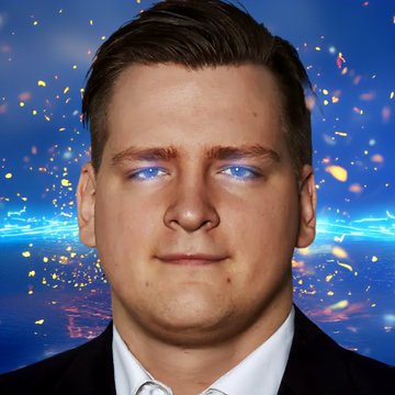 A young man in a dark suit and white shirt is shown in a close-up portrait against a vibrant blue digital backdrop with glowing light effects and energy streaks, with his eyes appearing to glow white—likely a stylized edit representing vision or insight. The image ties to the post about Ivan on Tech, a popular cryptocurrency commentator, highlighting positive Cardano ($ADA) upgrades called Leios.