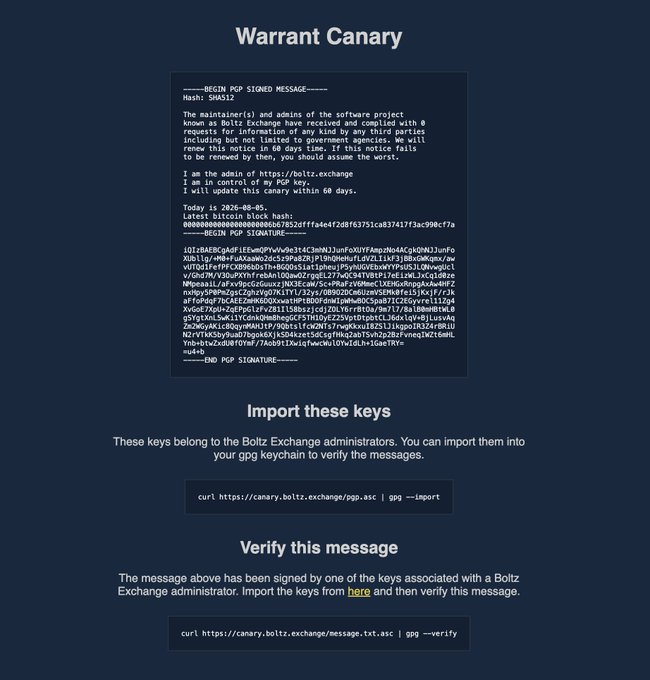 The image shows a PGP-signed warrant canary message from Boltz Exchange (dated 2026-08-05), declaring that the maintainers of the Boltz Exchange software project have not received or complied with any government requests for information within the past 60 days. It includes cryptographic hashes, a PGP signature, and instructions for users to import the canary's public key and verify the message's authenticity, supporting the accompanying post's claim that Boltz has renewed its warrant canary to signal it has not received any secret government data demands.