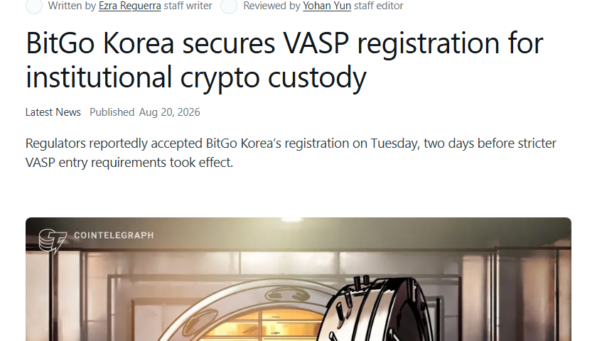 Cointelegraph article headline: 'BitGo Korea secures VASP registration for institutional crypto custody', written by Ezra Reguerra, reviewed by Yohan Yun, published Aug 20, 2026.