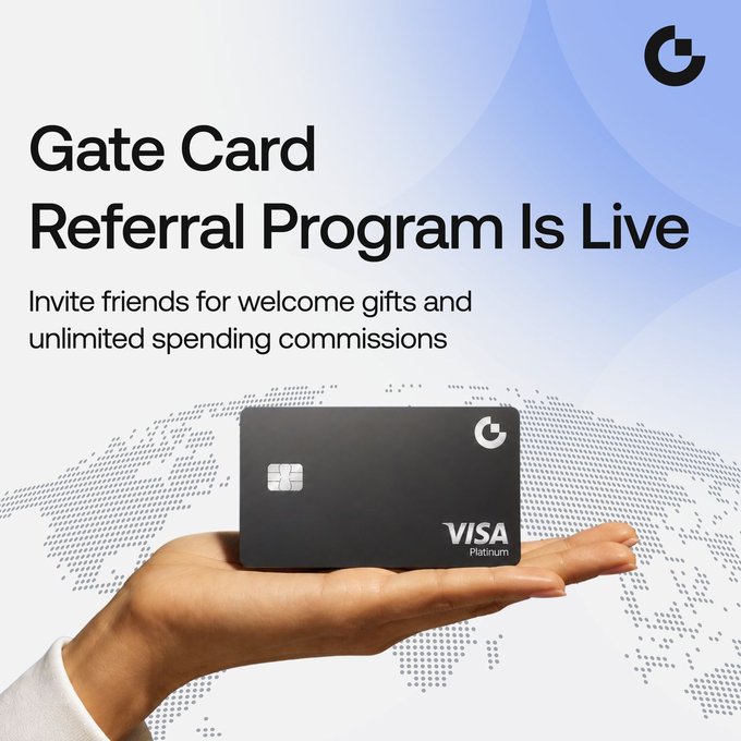 A promotional graphic announcing the launch of the Gate Card Referral Program, featuring a hand holding a black Visa Platinum card with the Gate logo against a world map background. The text reads "Gate Card Referral Program Is Live - Invite friends for welcome gifts and unlimited spending commissions," highlighting the program's invitation-based rewards and earning potential tied to the post's message about leveraging your network for ongoing referral commissions.