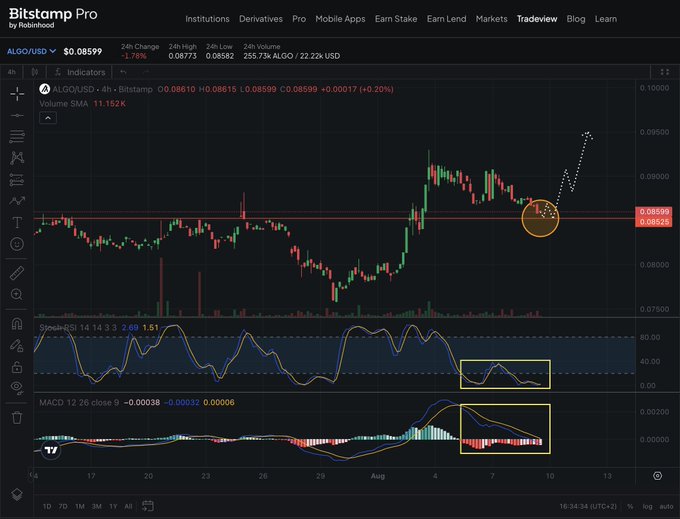 A Bitstamp Pro trading chart displaying the ALGO/USD pair at $0.08599, showing a candlestick chart with a dotted forecast line, alongside Stochastic and MACD technical indicators.