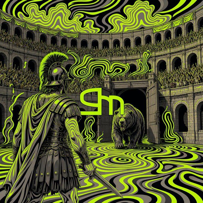 Stylized green and black illustration of a Roman soldier facing a bear in a colosseum, with a central logo resembling the Arkham (sn) brand mark.