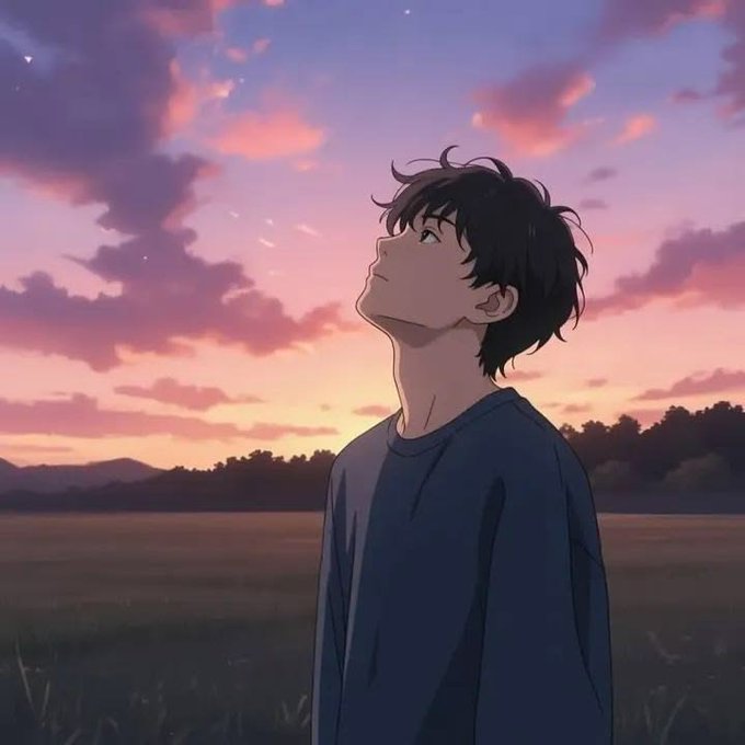 An anime-style illustration of a young boy with dark hair wearing a blue sweater, looking up at a pink and orange sunset sky.