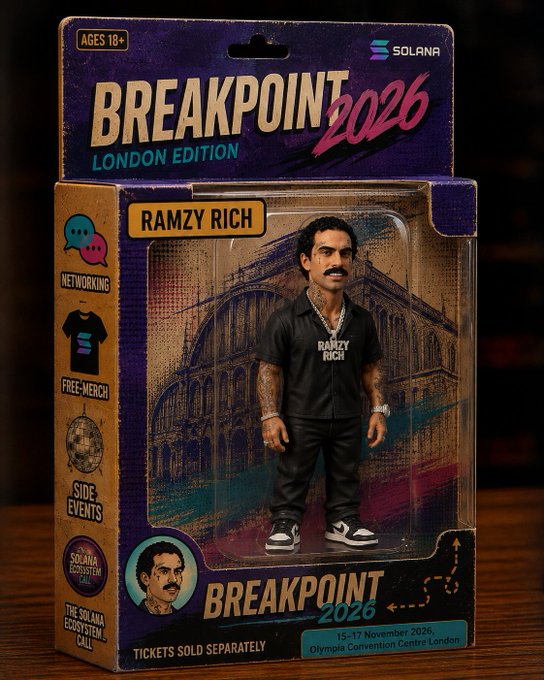 A 'Breakpoint 2026 London Edition' Solana figurine in packaging featuring a 'Ramzy Rich' character, advertising the 15-17 November 2026 event at Olympia Convention Centre London.