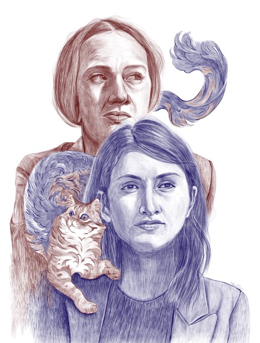 A sketch-like illustration featuring two overlapping portraits of women and a fluffy cat, rendered in blue and brown pencil tones.