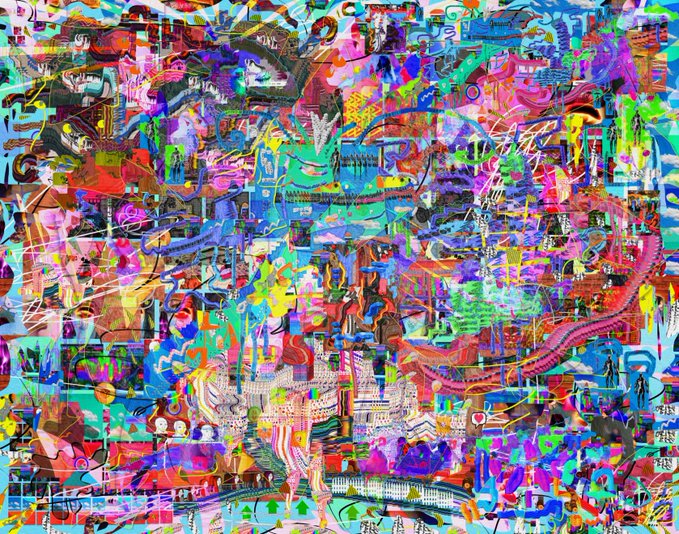 A chaotic, vibrant digital collage bursts with overlapping abstract forms, cartoon-like figures, musical notations, and architectural elements in a kaleidoscope of neon colors—visually embodying the boundless creativity that "Originally, There Was A Plan" by @lewiejpd likely represents in this newly collected NFT on @objktcom.