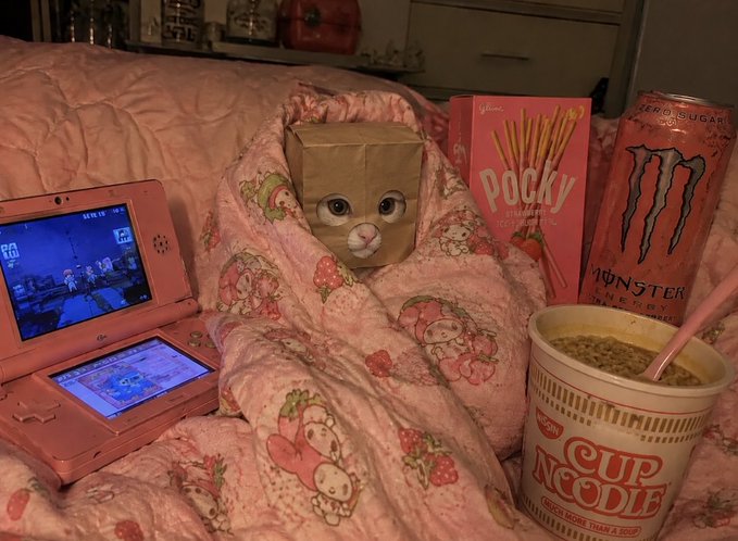A cozy aesthetic scene featuring a pink Nintendo DS displaying a game, a cat wearing a paper bag, a strawberry-patterned blanket, Pocky strawberry sticks, a pink Monster Energy drink (Zero Sugar), and a Cup Noodle container with a pink straw.