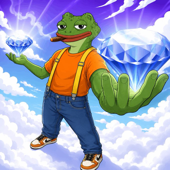 A cartoon illustration of a green frog-like character with a cigar, wearing an orange shirt and blue jeans, holding two large diamonds against a cloudy blue sky.