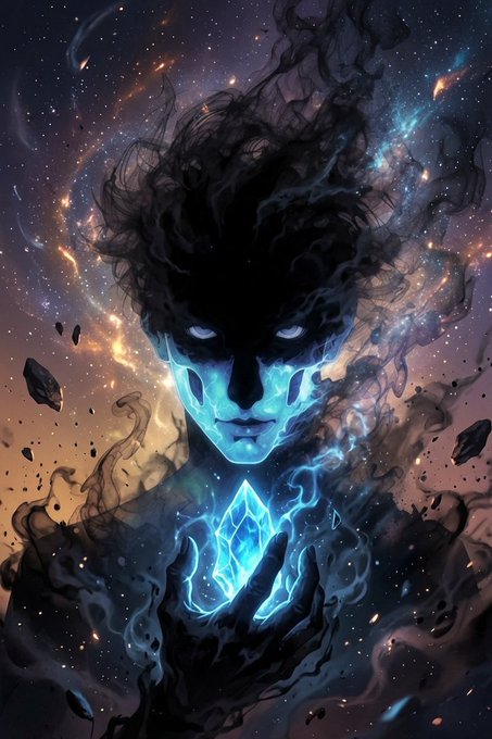 A cosmic, ethereal figure with glowing blue eyes holds a radiant blue crystal amidst swirling nebulae and floating debris, embodying the "GM Legend Unavailable" status as a powerful but currently unreachable mythic presence.