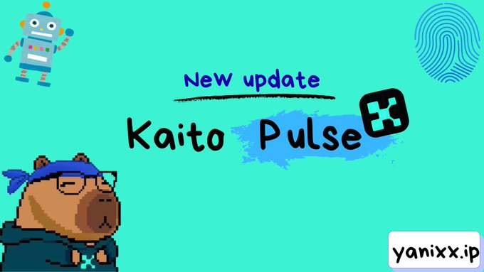 A teal promotional graphic announcing a 'New update Kaito Pulse,' featuring a robot icon, fingerprint icon, a bear mascot, and the website 'yanixx.ip'.