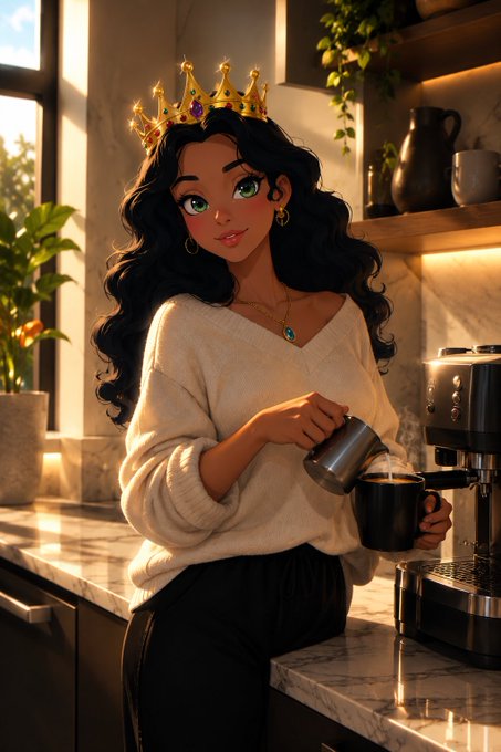 A Disney-style animated illustration of a young woman with long dark curly hair wearing a gold crown, pouring milk into a mug in a modern kitchen.