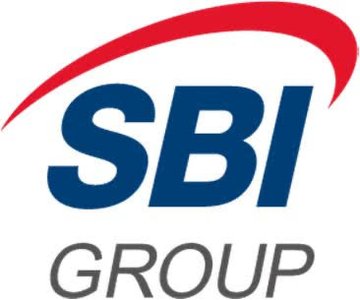 The image features a logo for SBI Group that includes a red and blue arch. The company's name, "SBI Group", is prominently displayed below the logo in white letters. In the background of the image, there are words written in black text, which might provide information about the company or its plans to invest up to $1 billion in an upcoming IPO.