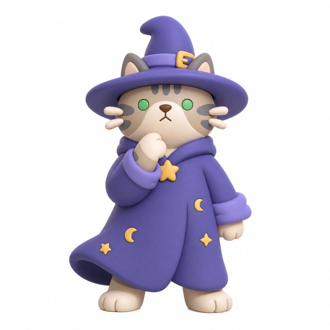 A 3D-rendered illustration of a cute cat character dressed in a purple wizard's hat and robe, adorned with yellow star and moon decorations, with one paw raised thoughtfully.