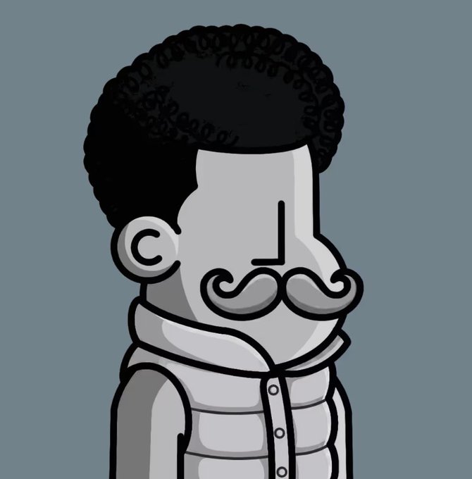 A grayscale cartoon illustration of a character with an afro, large curled mustache, and puffy vest, used as profile or branding art for the NPC NFT project being promoted.