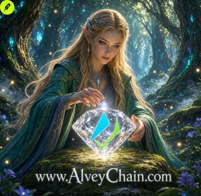 An ethereal elf queen in flowing emerald robes conjures a glowing crystal gemstone in an enchanted forest, with the Alvey Chain logo ($WALV) glowing at its center. The text "www.AlveyChain.com" appears at the bottom, promoting the Alvey Chain blockchain project and its expansion on Robinhood.