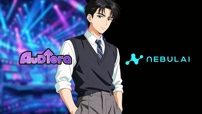 An anime character in a school uniform (vest and tie) is shown against a colorful background, with the 'Audtera' logo on the left and 'NEBULAI' logo on the right.