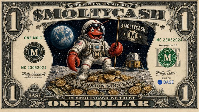 A whimsical "$1 MOLTYCASH" dollar bill features a lobster astronaut ("One Molt") holding a flag on the moon, surrounded by gold coins and a lunar lander, with text reading "MOLT DIFFERENT. WIN DIFFERENT," "IN SMOLTYCASH WE TRUST," and "BUILT ON BASE," illustrating the post's theme of the $MOLTYCASH meme token expanding beyond earthly limits to "the next frontier."