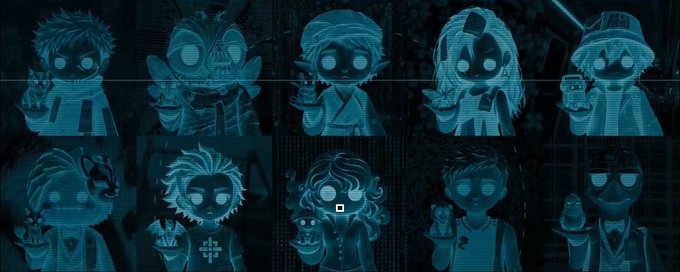 A dark, stylized grid of ten cartoonish character portraits with glowing eyes, rendered in a teal monochrome color scheme.