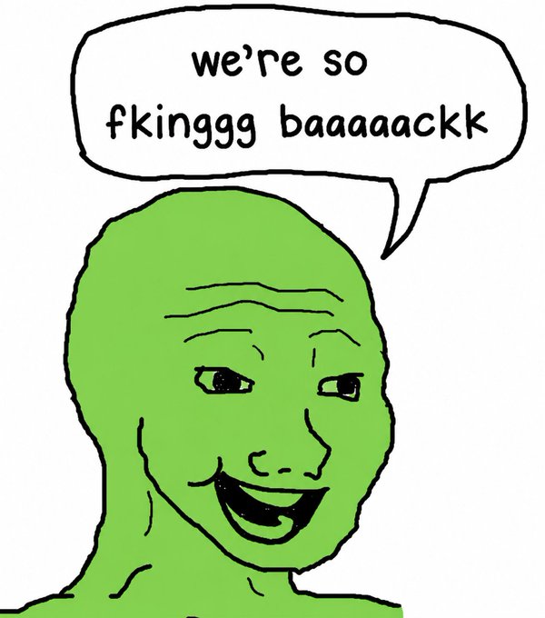A crudely drawn green cartoon character with a smug expression saying 'we're so fkinggg baaaaackk' in a speech bubble.