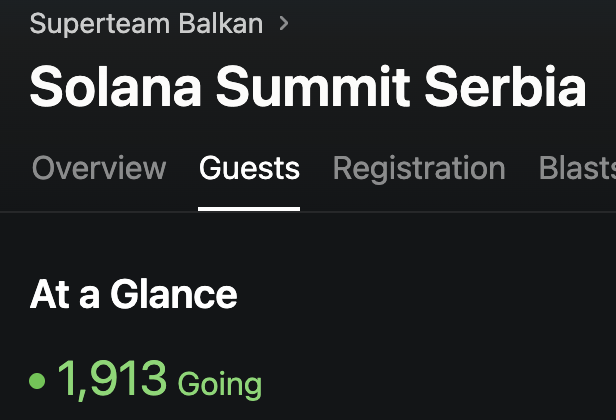 A digital event listing page for "Solana Summit Serbia" shows a navigation bar with the "Guests" tab selected and an "At a Glance" section indicating "1,913 Going."