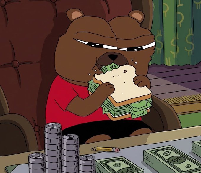 A cartoon bear in a red shirt bites into a sandwich stuffed with dollar bills, surrounded by stacks of coins and cash on the desk. The image perfectly captures the "making monies" theme of the post, illustrating a hungry, determined bull/bear ready to eat profits and seize trading opportunities this week.
