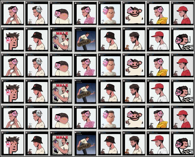 A grid displaying repeated NFT profile picture (PFP) artwork of stylized male characters with various accessories like hats, masks, and skateboard decks featuring the word 'WALE'.
