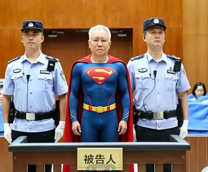 A man in a Superman costume stands in a Chinese courtroom between two police officers, with a placard reading "被告人" (Defendant) visible on the podium.